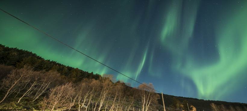 grün schimmernde Wolken hinter einem Hügel mit Bäumen