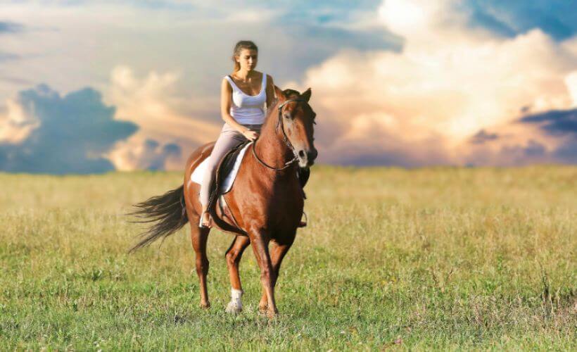 ein Mädchen reitet auf einer Wiese