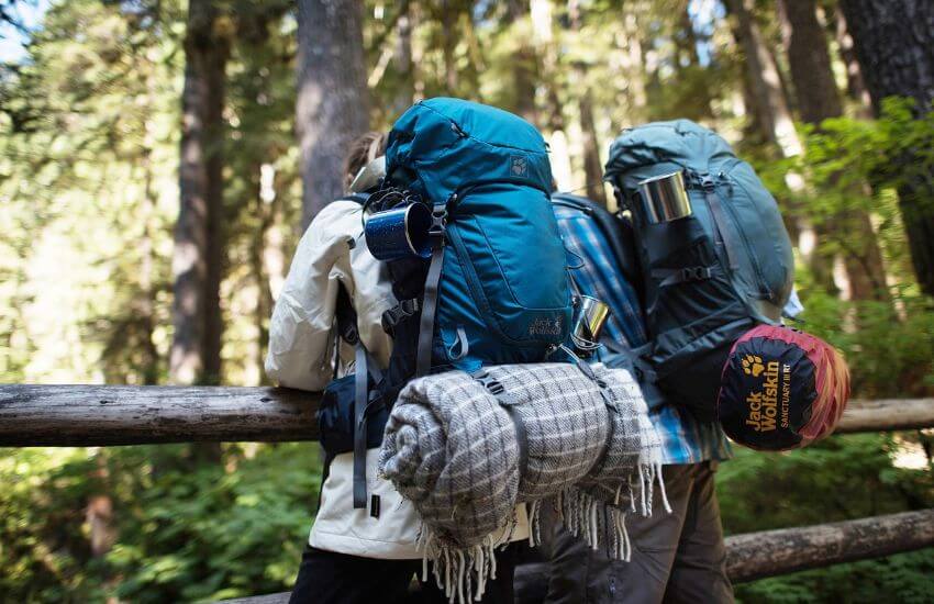 2 Backpacker mit einem Rucksack am Rücken stehen im Wald angelehnt an einer Holzbrüstung.