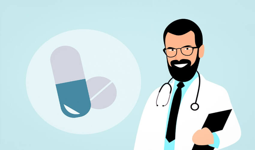 Ein virtueller Arzt mit einer Tablettenkapsel links daneben in einer Blase.