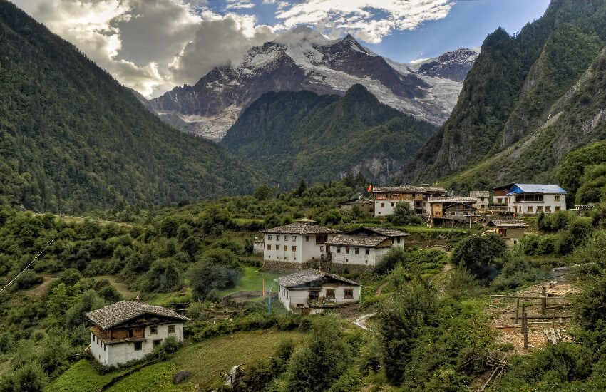 Eine grüne Berglandschaft in Nepal mit Bäumen und Sträuchern.