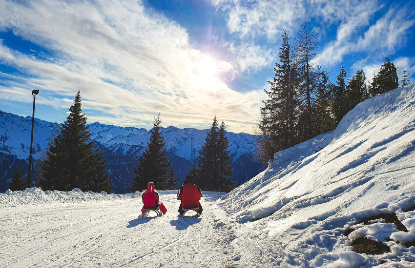 Vater und Sohn rauschen mit der Rodel die Piste bergab.