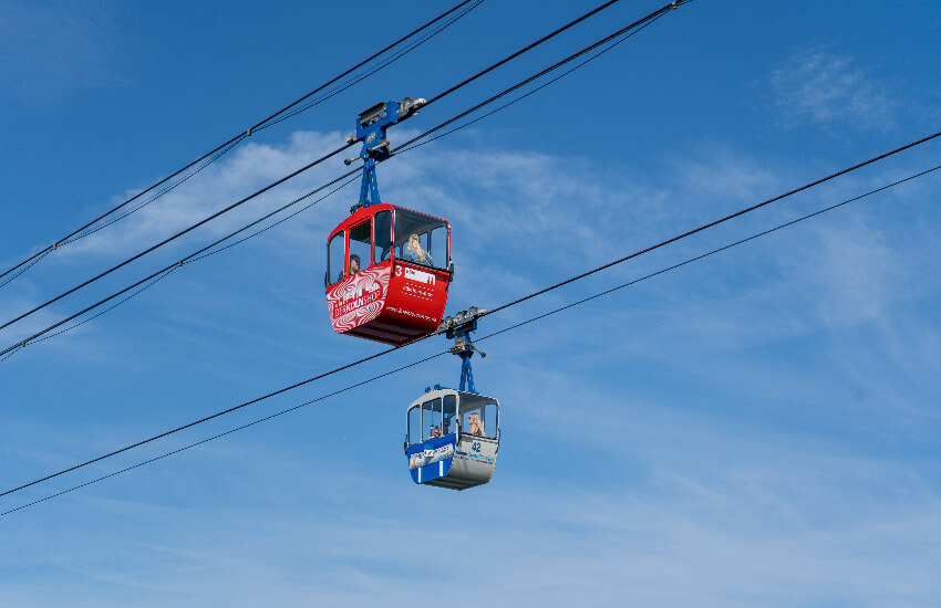 Eine rote und eine blaue Kabine der Kölner Seilbahn schweben in luftiger Höhe über dem Rhein.