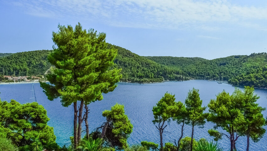 Insel Skopelos mit üppiger Vegetation und schönen blau-türkisen Wasser.